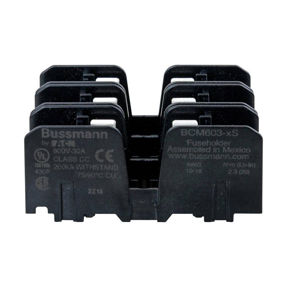 Schwarzer Bussmann-Sicherungshalterblock mit mehreren Sicherungsplätzen, bezeichnet als BCM603-xS, vor weißem Hintergrund dargestellt.