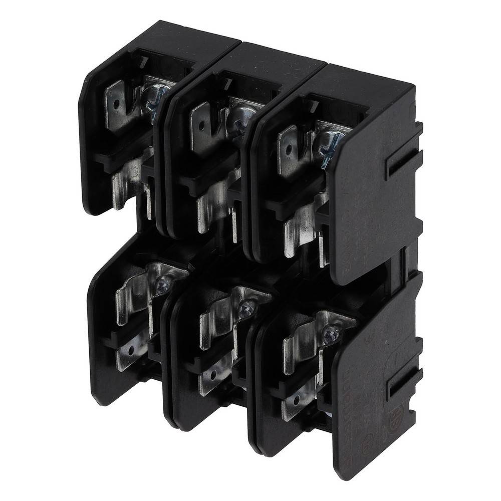 Schwarzer sechspoliger Elektroklemmenblock mit freiliegenden Metallkontakten, isoliert auf weißem Hintergrund dargestellt.