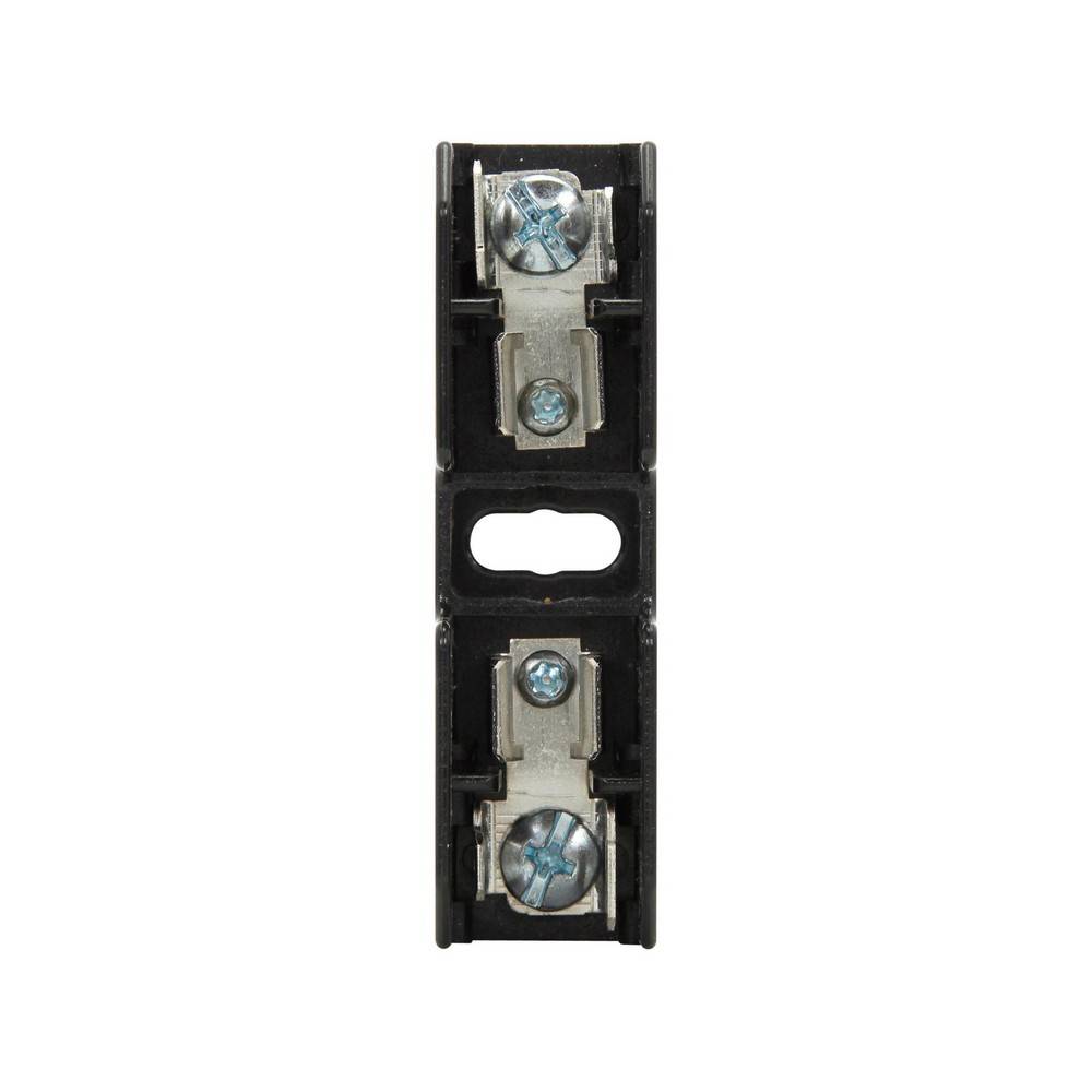 Schwarzer Elektro-Klemmenblock mit zwei Metallschraubverbindern und einem zentralen Befestigungsschlitz.