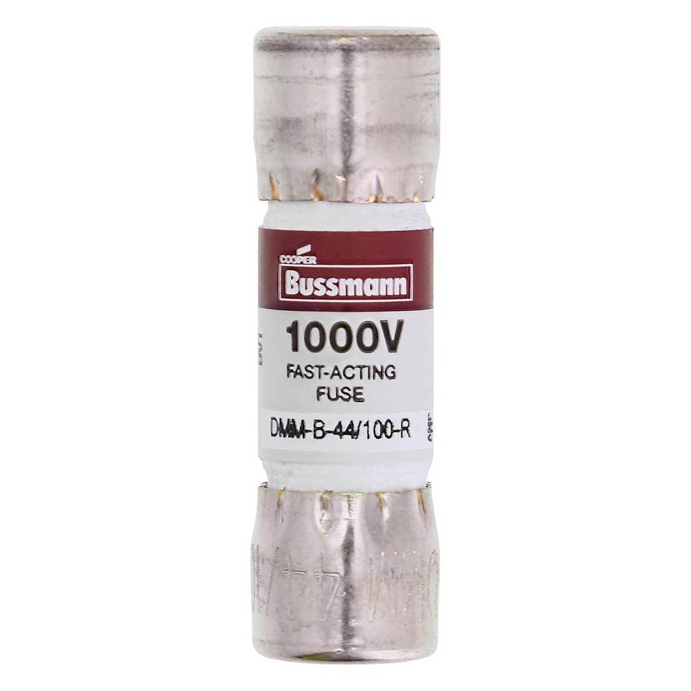Bussmann 1000V schnellwirkende Sicherung, zylindrische Cartridge-Sicherung mit silbernen Metallanschlüssen und weißem Etikett.