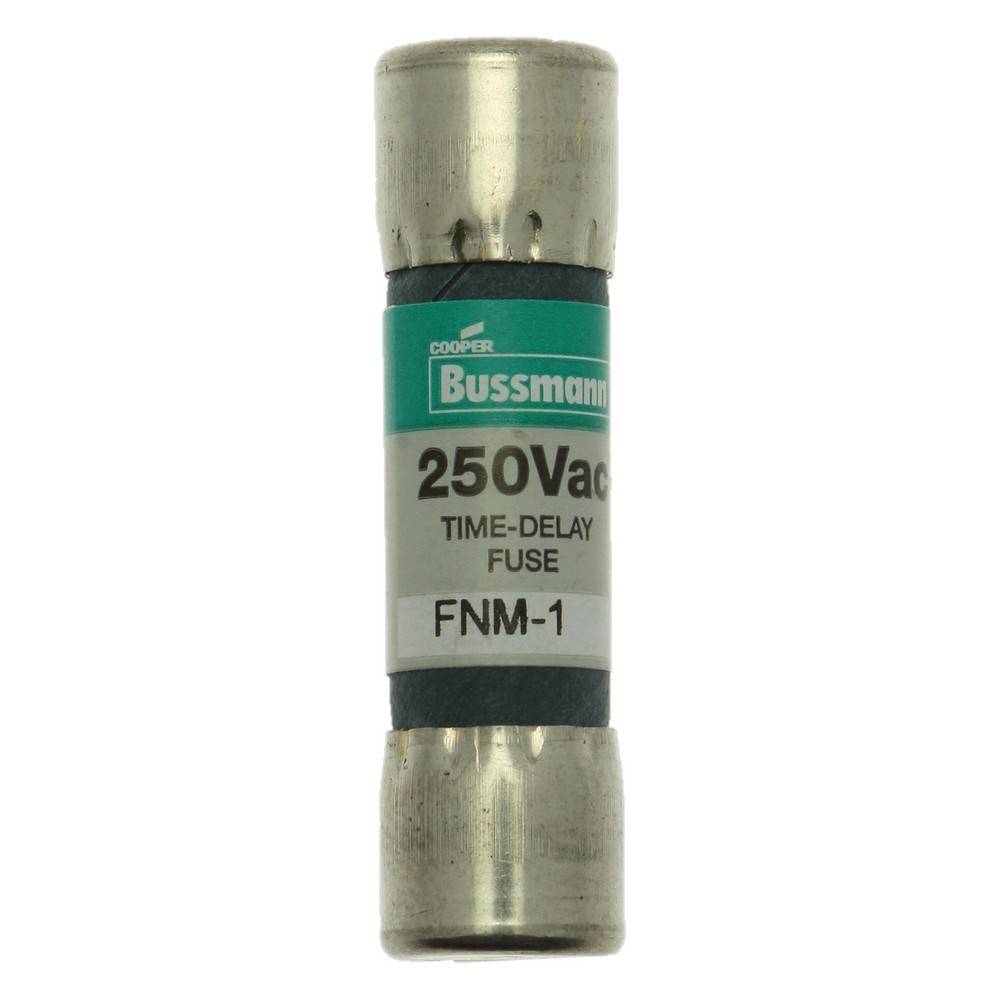 Ein Bussmann 250Vac Zeitverzögerungs-Sicherung mit der Bezeichnung FNM-1, dargestellt als zylindrische Patronensicherung auf weißem Hintergrund.