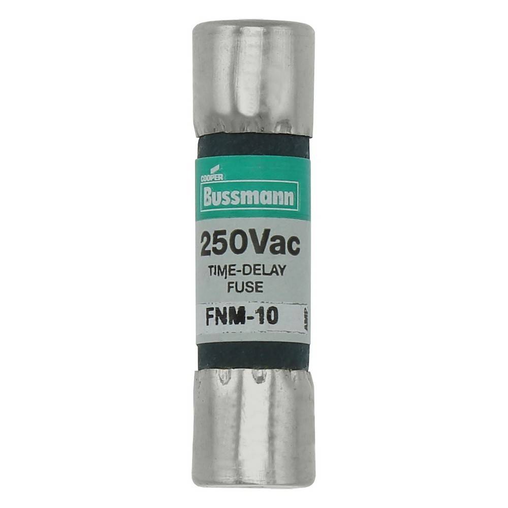 Ein aufrecht gegen einen schlichten Hintergrund gezeigtes Bussmann-Verzögerungssicherung FNM-10 für 250Vac.