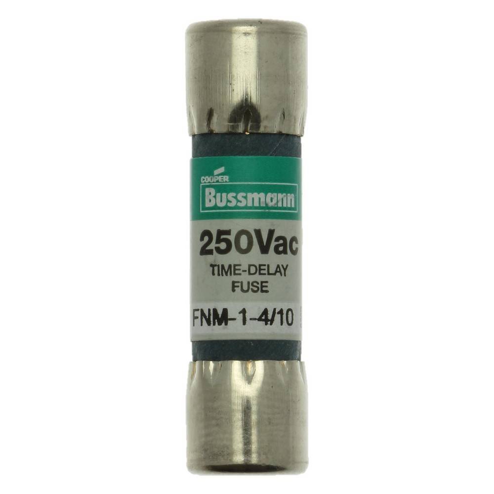 Zylindrische Bussmann 250V~ zeitverzögerte Sicherung mit der Bezeichnung FNM-1-4/10, dargestellt auf weißem Hintergrund.