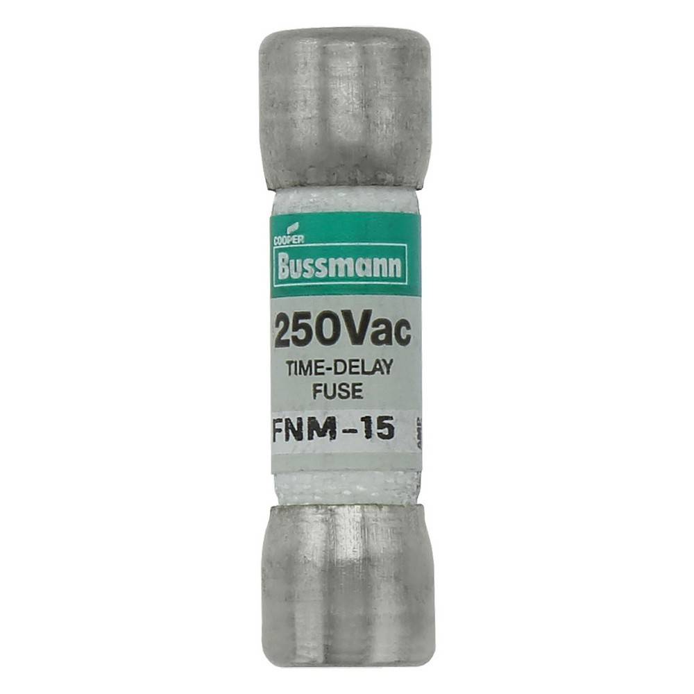 Ein Bussmann 250V AC Verzögerungssicherung mit der Bezeichnung FNM-15, aufrecht auf weißem Hintergrund dargestellt.