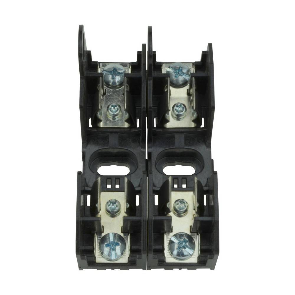 Nahaufnahme eines schwarzen Elektroklemmenblocks mit vier Schraubklemmen zum Anschließen von Drähten.