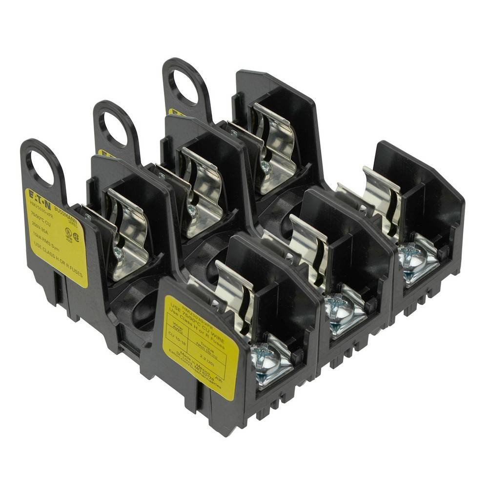 Schwarzer Elektroschutzschalter oder Klemmenblock mit mehreren Metallkontakten und Schraubklemmen, dargestellt auf weißem Hintergrund.
