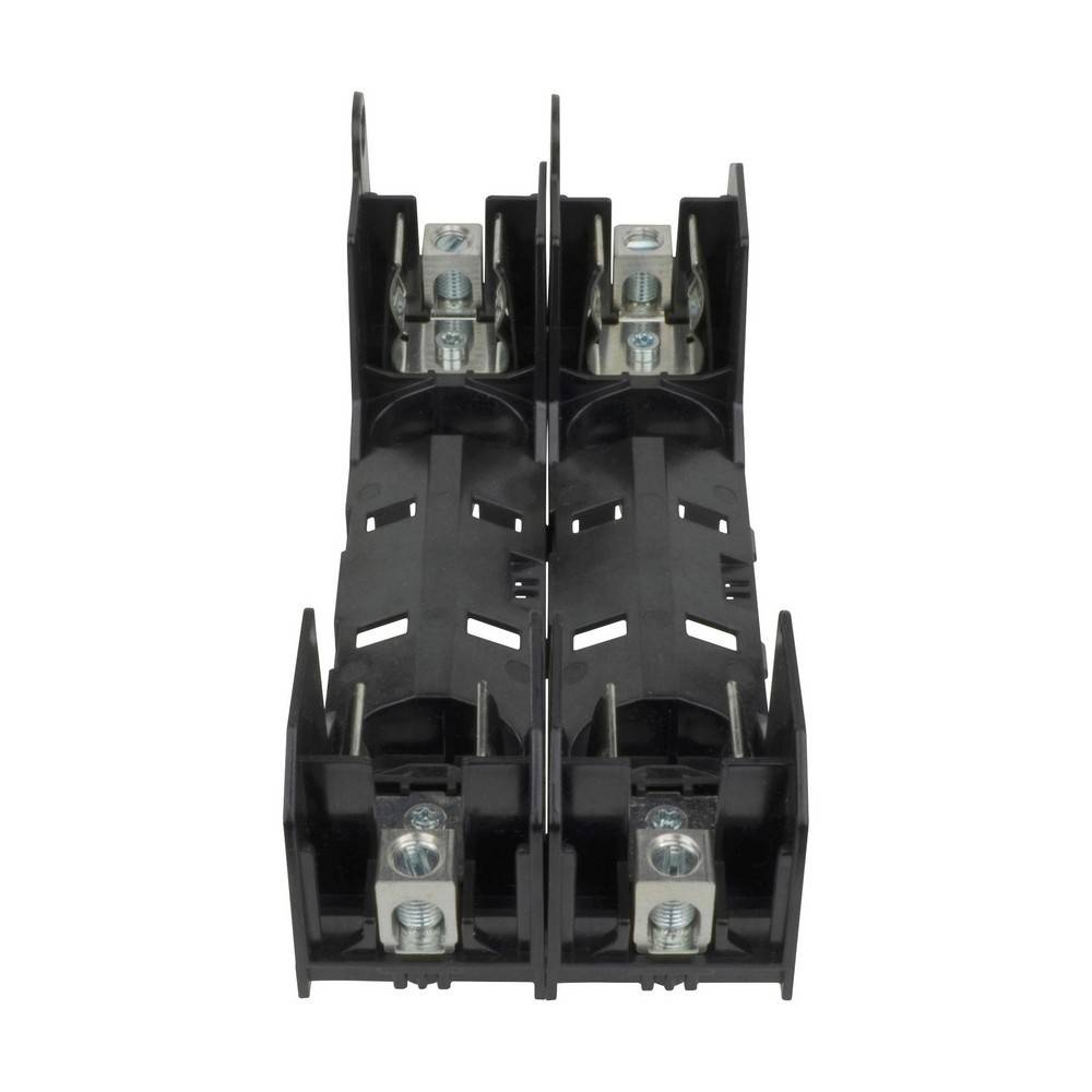 Zwei schwarze zweipolige elektrische Sicherungs- oder Klemmhalter mit Metallschraubenklemmen, dargestellt auf weißem Hintergrund.