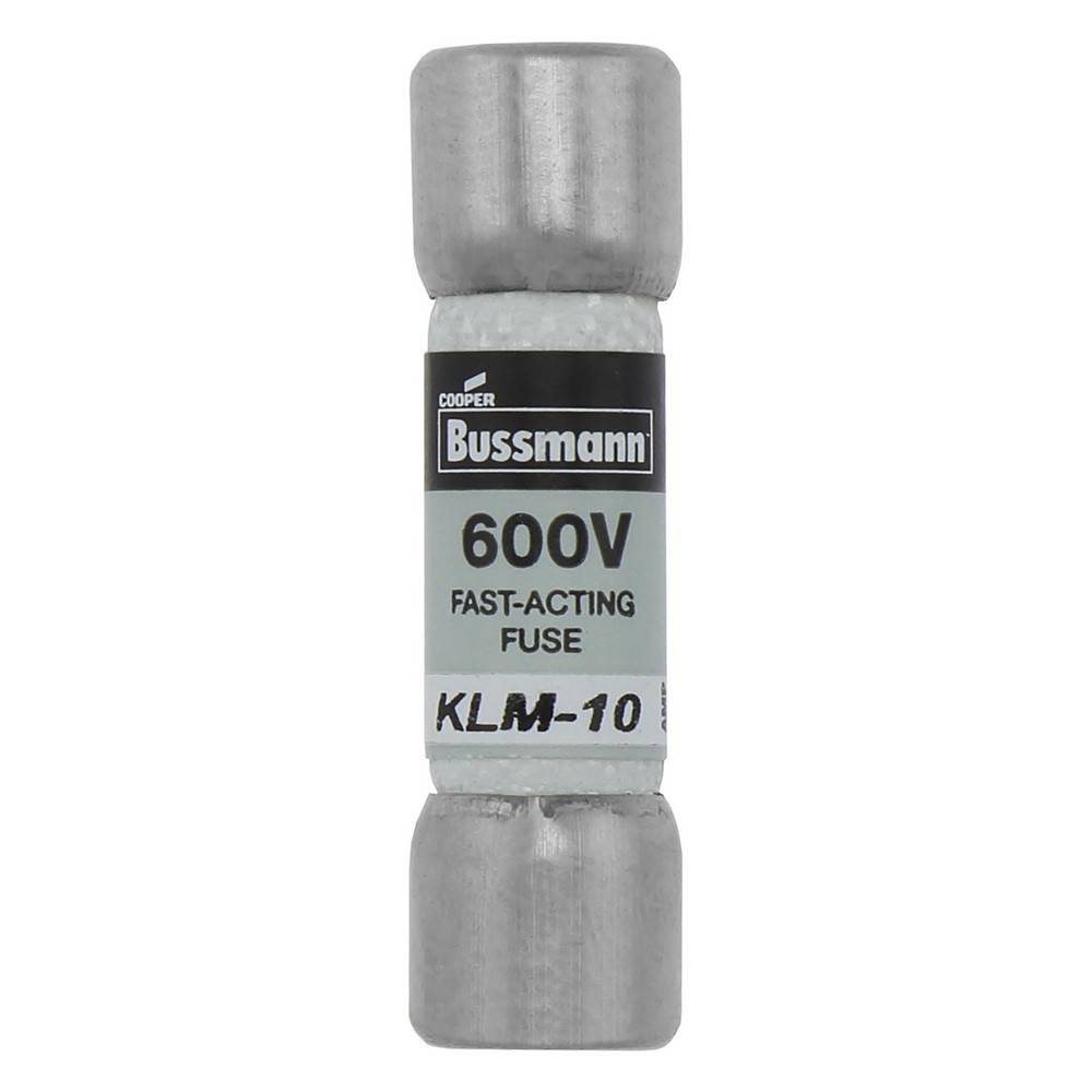 Ein Bussmann Cooper 600V schnell schmelzender KLM-10 Sicherung mit Metallendkappen auf weißem Hintergrund.