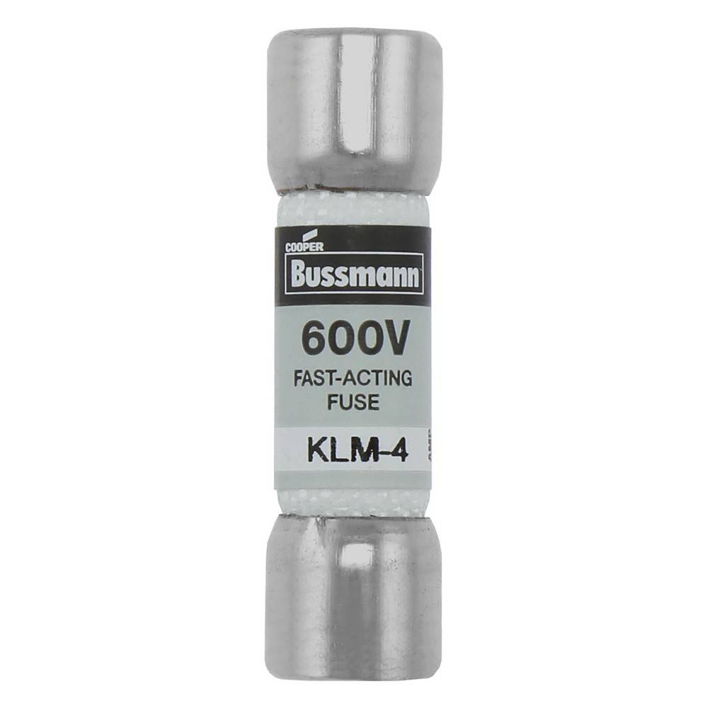 Bussmann 600V schnell wirkende Sicherung mit der Bezeichnung KLM-4 mit Metallendkappen auf weißem Hintergrund.
