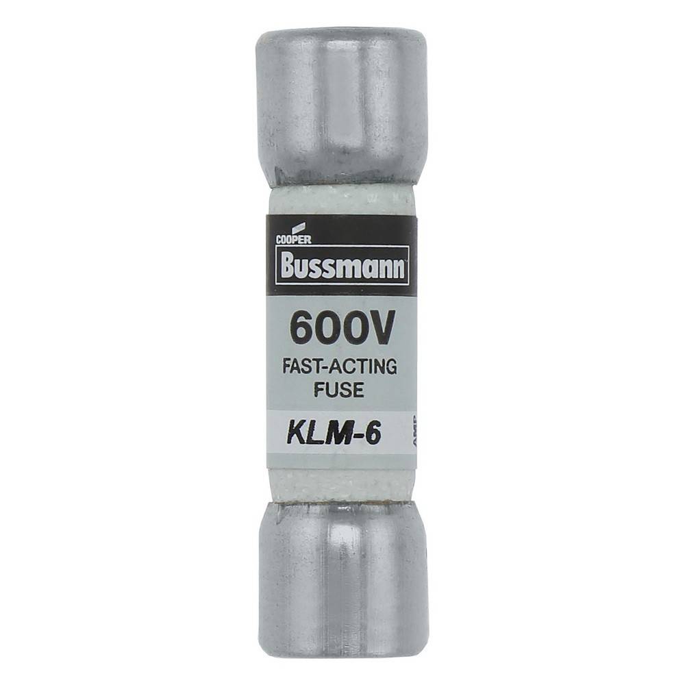 Bussmann 600V schnellschmelzende Sicherung, Modell KLM-6, vertikal auf weißem Hintergrund dargestellt.