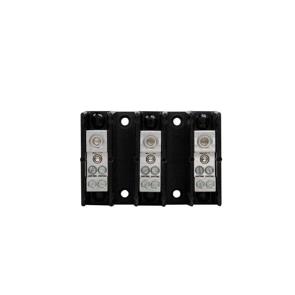 Schwarze Elektrosicherungshalter oder Klemmleiste mit drei silbernen Steckverbindermodulen auf weißem Hintergrund.