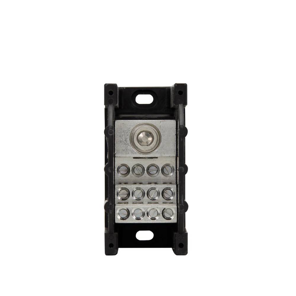 Vorderansicht eines kleinen schwarzen Elektroklemmenblocks mit mehreren Metallschraubenklemmen und Montagelöchern auf weißem Hintergrund.