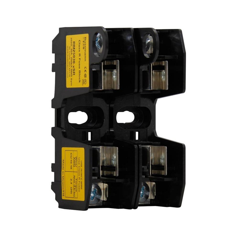 Schwarzer doppelpoliger elektrischer Sicherungshalter mit zwei Patronensicherungsplätzen und gelben Spezifikationsetiketten auf weißem Hintergrund.