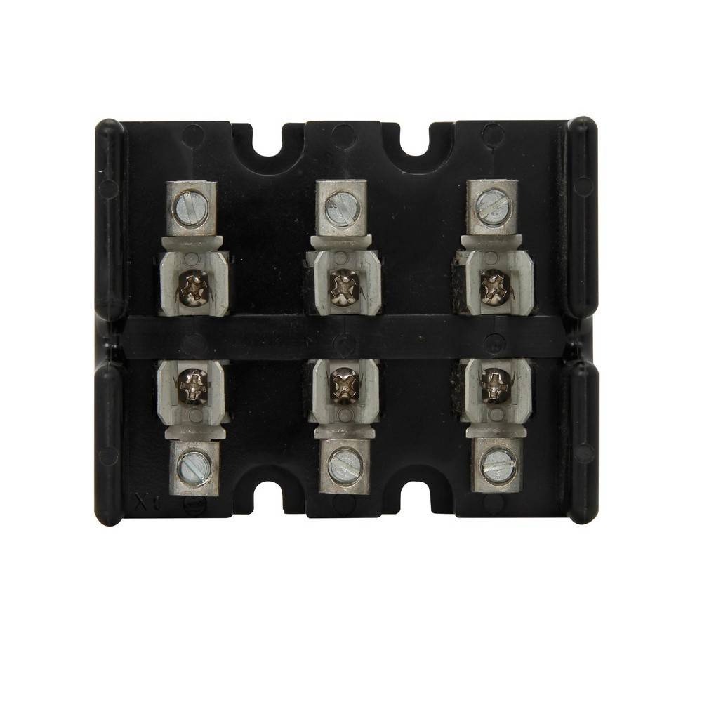 Schwarzer Elektrik-Klemmblock mit sechs Schraubverbindern, die in zwei Reihen zu je drei auf weißem Hintergrund angeordnet sind.
