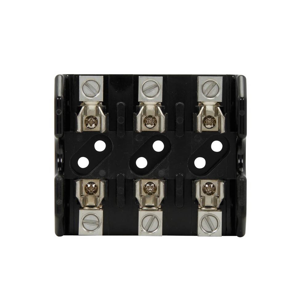 Schwarzer Elektroklemmblock mit sechs Schraubklemmen, angeordnet in drei Spalten auf weißem Hintergrund.