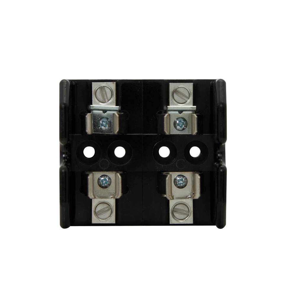 Schwarzes Elektrikerklemmenblock mit vier Schraubklemmen und zwei Montagelöchern auf weißem Hintergrund.