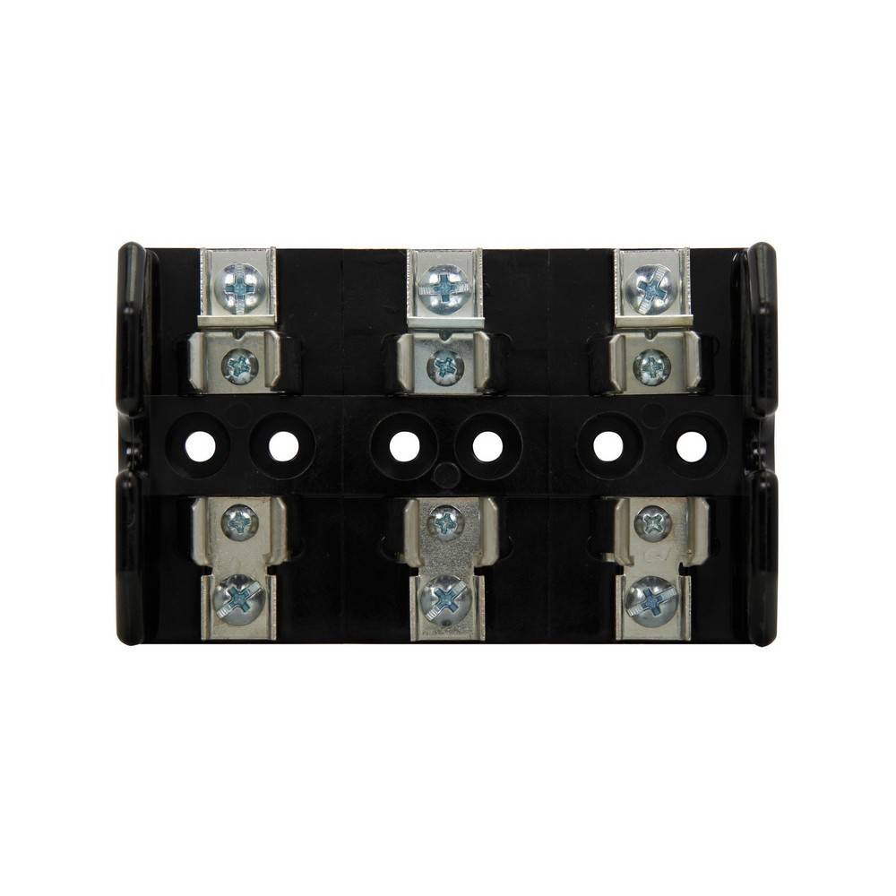 Schwarzer Elektrik-Klemmblock mit sechs Schraubklemmen und drei Paaren von Verbindungslöchern auf weißem Hintergrund.