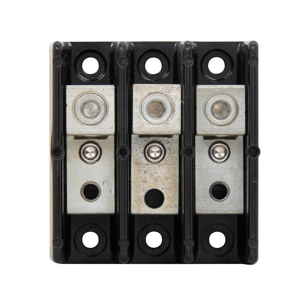 Dreipoliger elektrischer Sicherungshalter mit drei Metallsicherungsclips in einem schwarzen Kunststoffgehäuse.