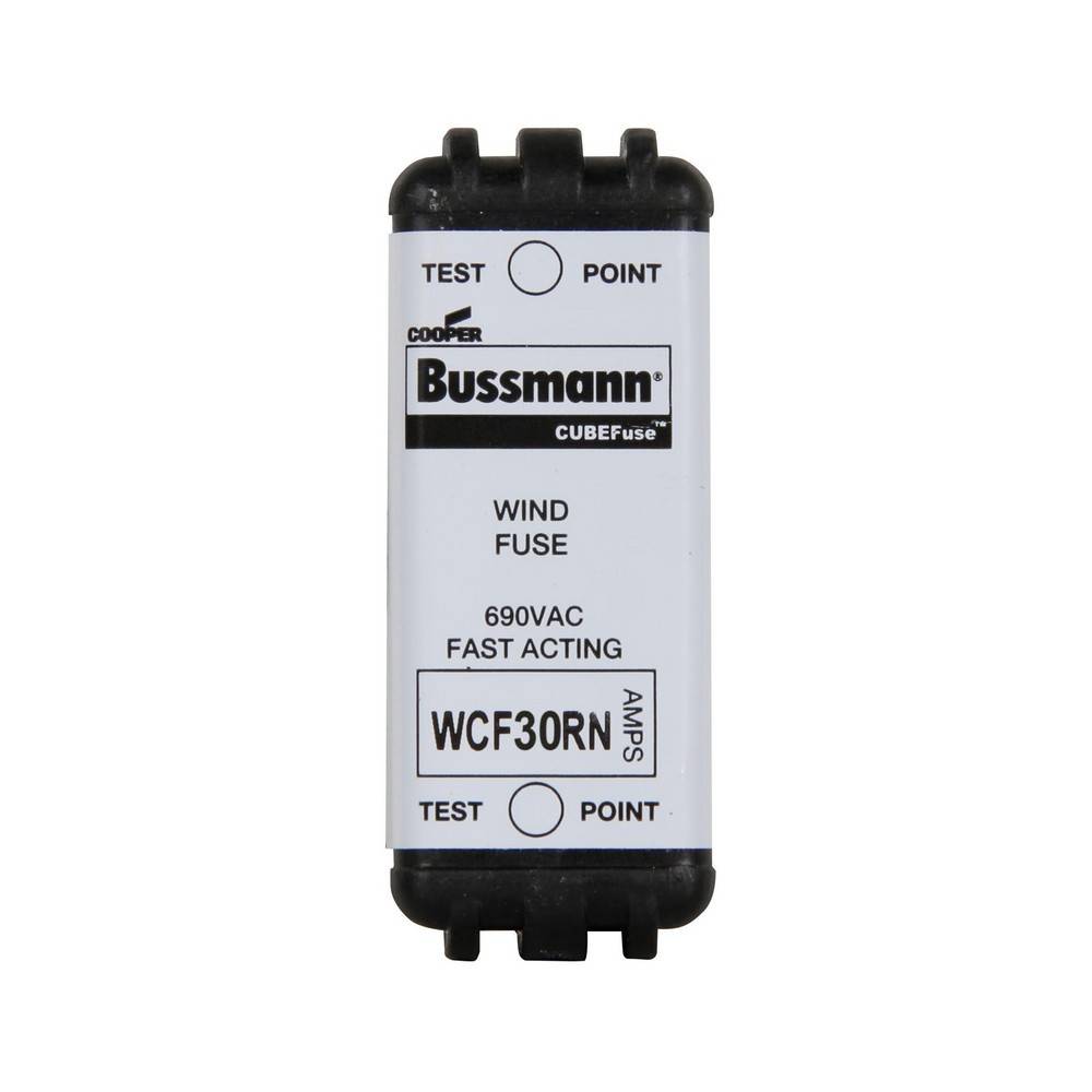 Bussmann CUBEFuse Wind-Schmelzpatrone mit Bezeichnung WCF30RN, 690VAC schnellauslösend, mit Prüfpunkten an beiden Enden.
