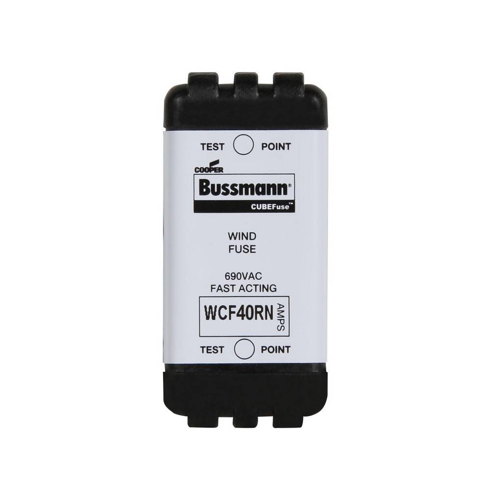 Bussmann CUBEFuse Wind-Sicherung, gekennzeichnet mit 690VAC Schnellauslösung WCF40RN, dargestellt als rechteckige elektrische Sicherungspatrone.
