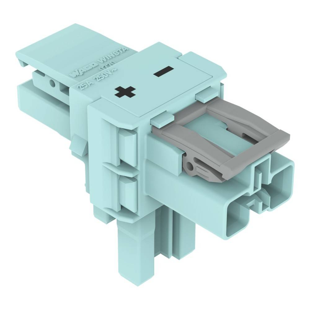 Hellblauer Elektrostecker mit grauem Verriegelungsmechanismus und Plus-/Minus-Polaritätsmarkierungen, dargestellt auf weißem Hintergrund.