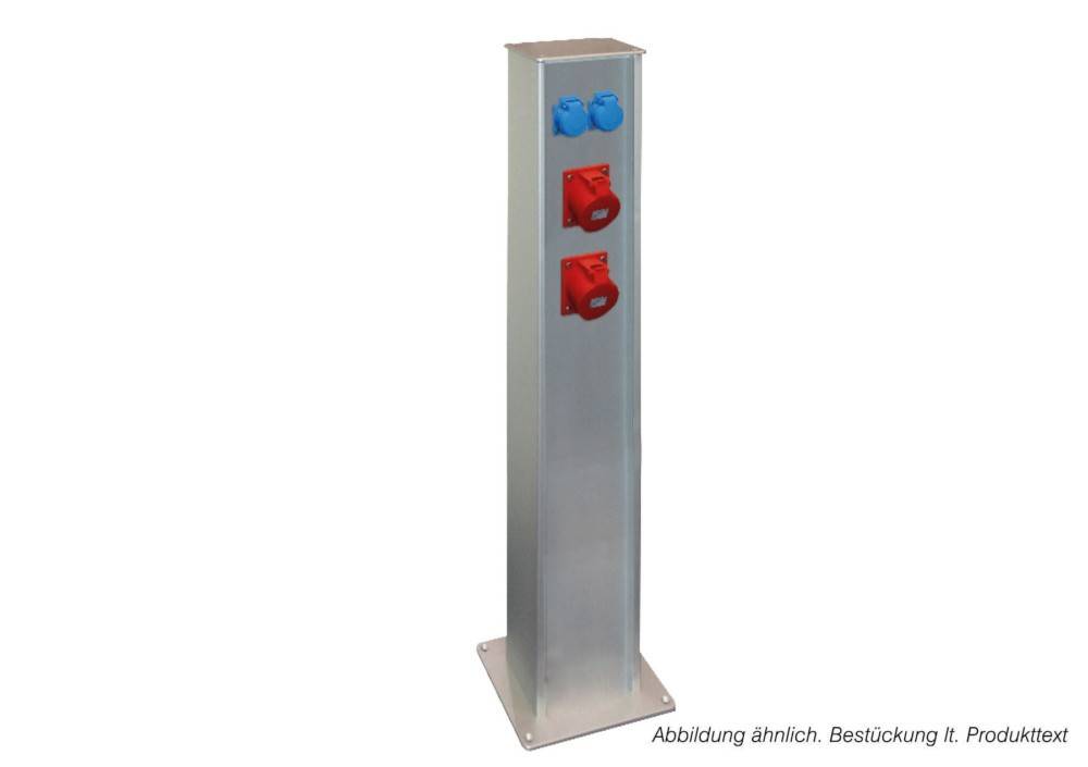 Hoher Metallmast für elektrische Stromversorgung mit zwei blauen Steckdosen und zwei roten Steckdosen auf einer Grundplatte.
