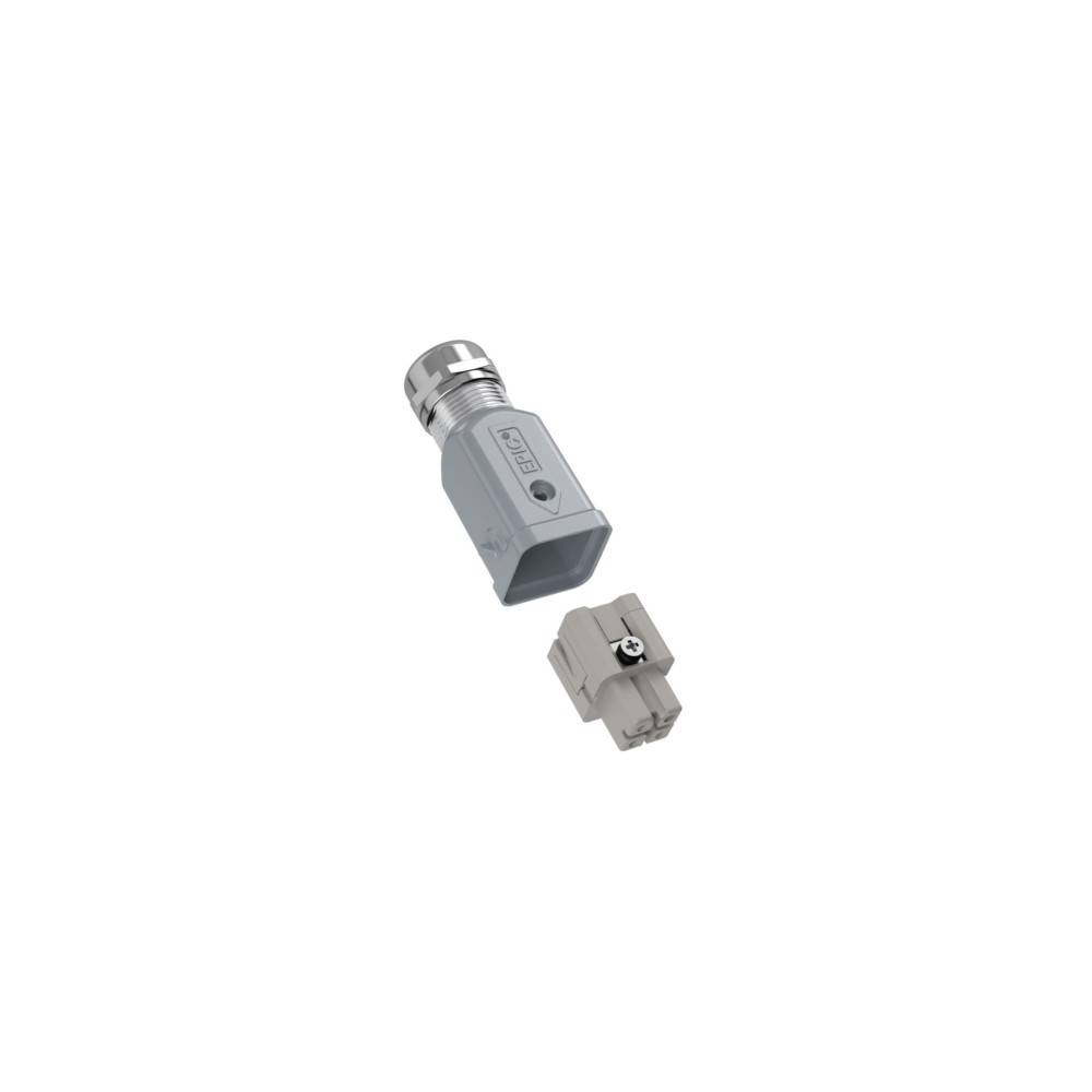 Zwei graue elektrische Verbindungsteile auf weißem Hintergrund gezeigt und voneinander getrennt, ein größerer Stecker oben und ein kleinerer dazu passender Anschluss darunter.