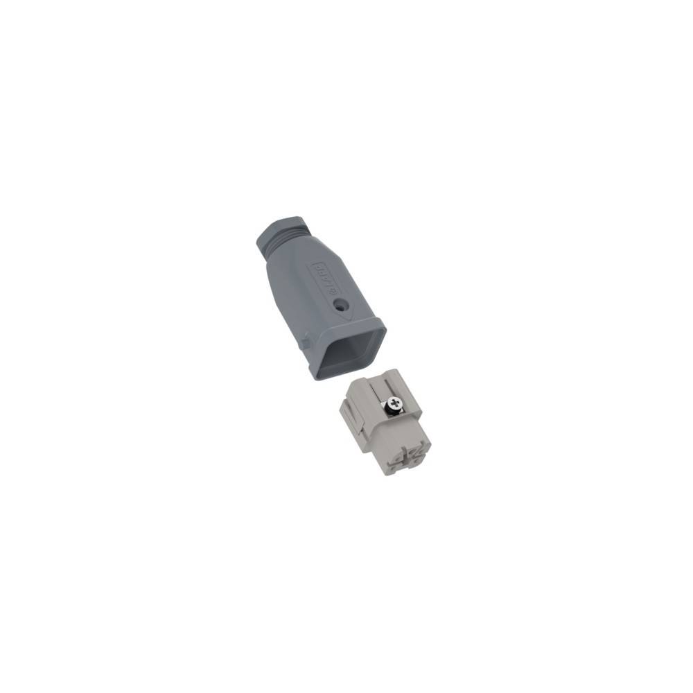 Zweiteiliger grauer Elektrostecker, dargestellt in auseinandergezogener Form, mit einer größeren Kabelhaube oben und einem kleineren Steckereinsatz unten.