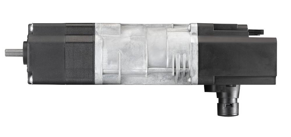 Elektrischer Linearaktuator-Motor mit Metallgehäuse und schwarzen Kunststoffendkappen, Seitenansicht auf weißem Hintergrund.