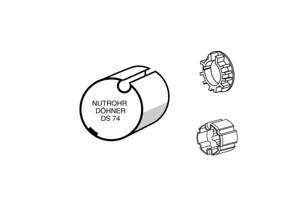 Technisches Diagramm eines zylindrischen Bauteils mit der Bezeichnung „NUTROHR DÖHNER DS 74
