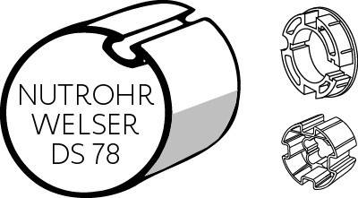 Technische Zeichnung eines zylindrischen Rohrverbinders mit der Bezeichnung „NUTROHR WELSER DS 78
