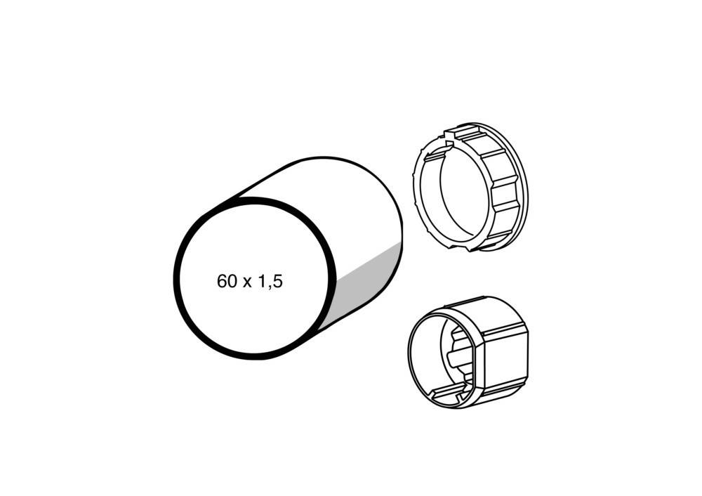Technisches Diagramm eines 60 x 1,5 zylindrischen Teils mit zwei separaten ringförmigen Verbindungsstücken, die rechts dargestellt sind.