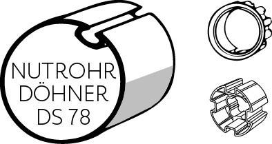 Technische Produktabbildung einer zylindrischen Nutrohr Döhner DS 78 Komponente mit Vorder-, End- und Schnittansichten, die ihre Form und das innere Profil zeigen.