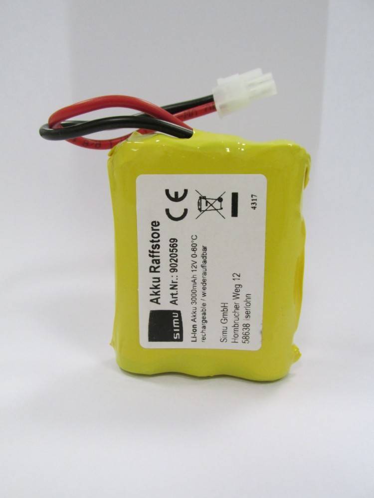 Gelbes wiederaufladbares Batteriepaket mit roten und schwarzen Drähten und einem weißen Anschluss, beschriftet mit 