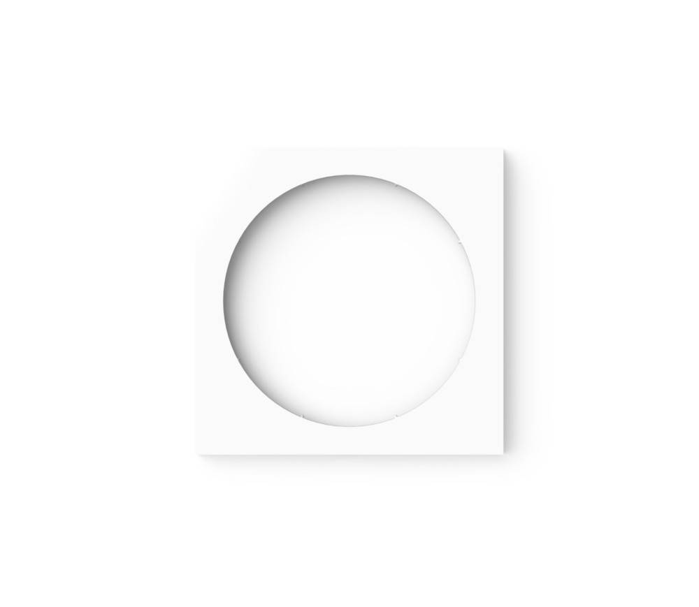 Weiße quadratische Kachel mit kreisförmiger vertiefter Mitte, ähnlich wie ein leerer Knopf oder Icon-Platzhalter.