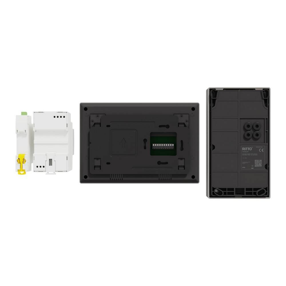 Produktkomponenten separat dargestellt: ein weißes Modul mit gelbem Stecker, eine schwarze Montageplatine mit Klemmenblock und eine schwarze Rückabdeckung.