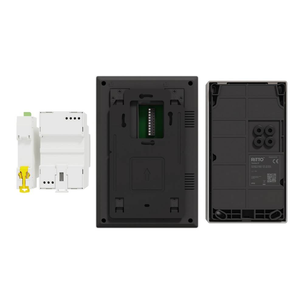 Drei Ansichten eines elektrischen Gerätegehäuses: weißes internes Modul links, schwarze Rückplatte in der Mitte und schwarzes hinteres Gehäuse rechts.