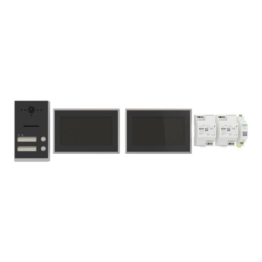 Modulares Türsprechanlage-System mit Außenstation, zwei Innenmonitoren und Kontrollmodulen.