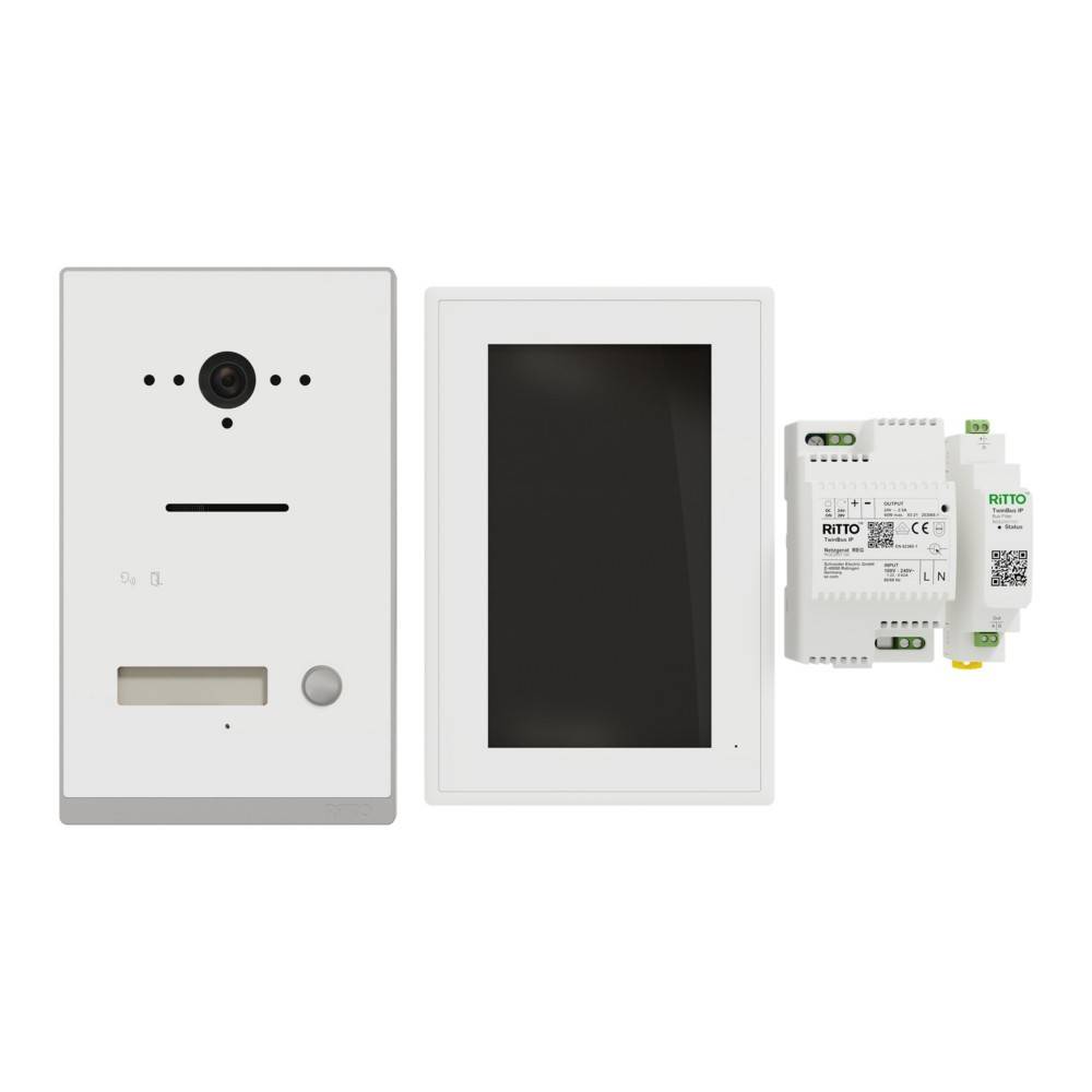 Dreiteiliges Videotürsprechanlage-System: Außenkamera-Sprecheinheit, innen liegendes Touchscreen-Monitor und Ritto-Steuermodul.