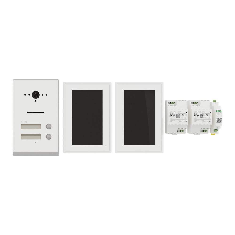 Smart-Home-Sprechanlage mit einer Kamera-Sprechereinheit, zwei Wandbildschirmen und drei Steuermodulen