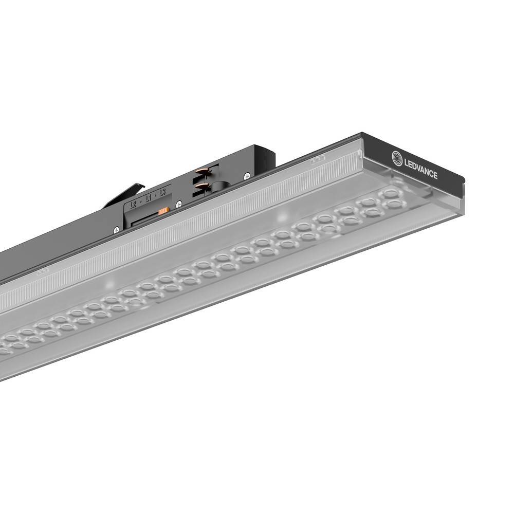LEDVANCE lineares LED-Streifenlicht in Silbergrau, in Nahaufnahme vor weißem Hintergrund gezeigt.