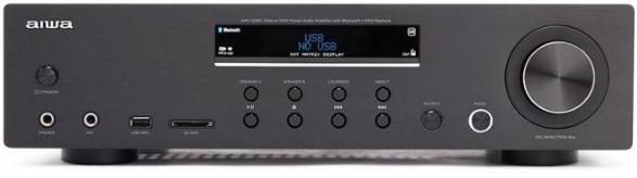 Vorderansicht eines grauen Aiwa-Stereo-Receivers mit Display, Eingabereglern, USB-Anschluss, Kopfhörerbuchsen und großem Lautstärkeregler.