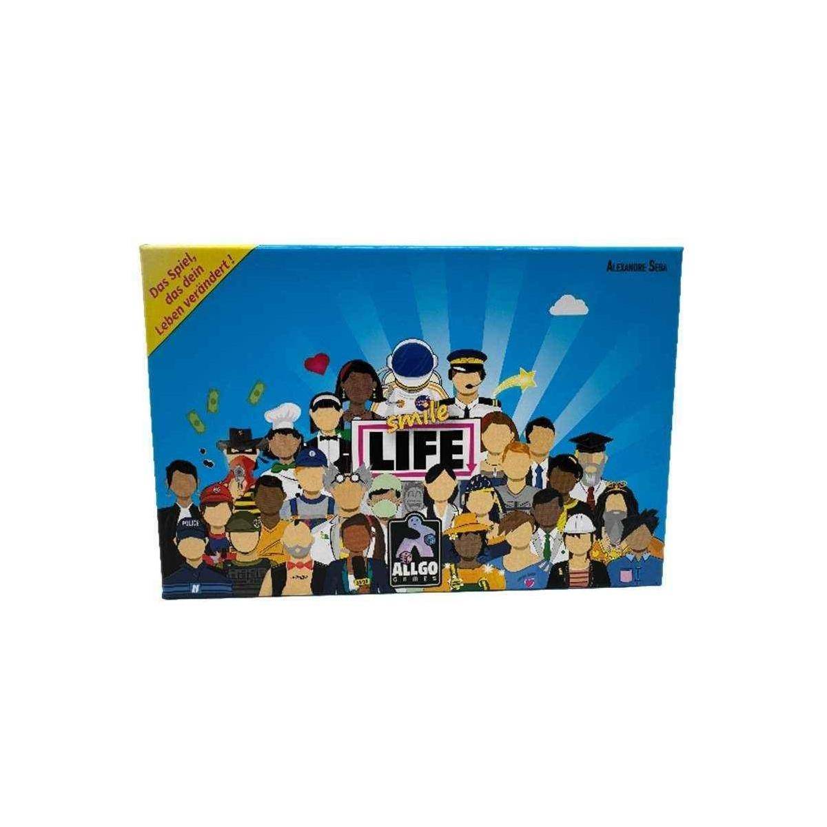 Smile Life' Brettspielschachtel, auf der eine farbenfrohe Cartoon-Gruppe vielfältiger Charaktere auf blauem Hintergrund zu sehen ist, mit 'Acura Size' in der Ecke.