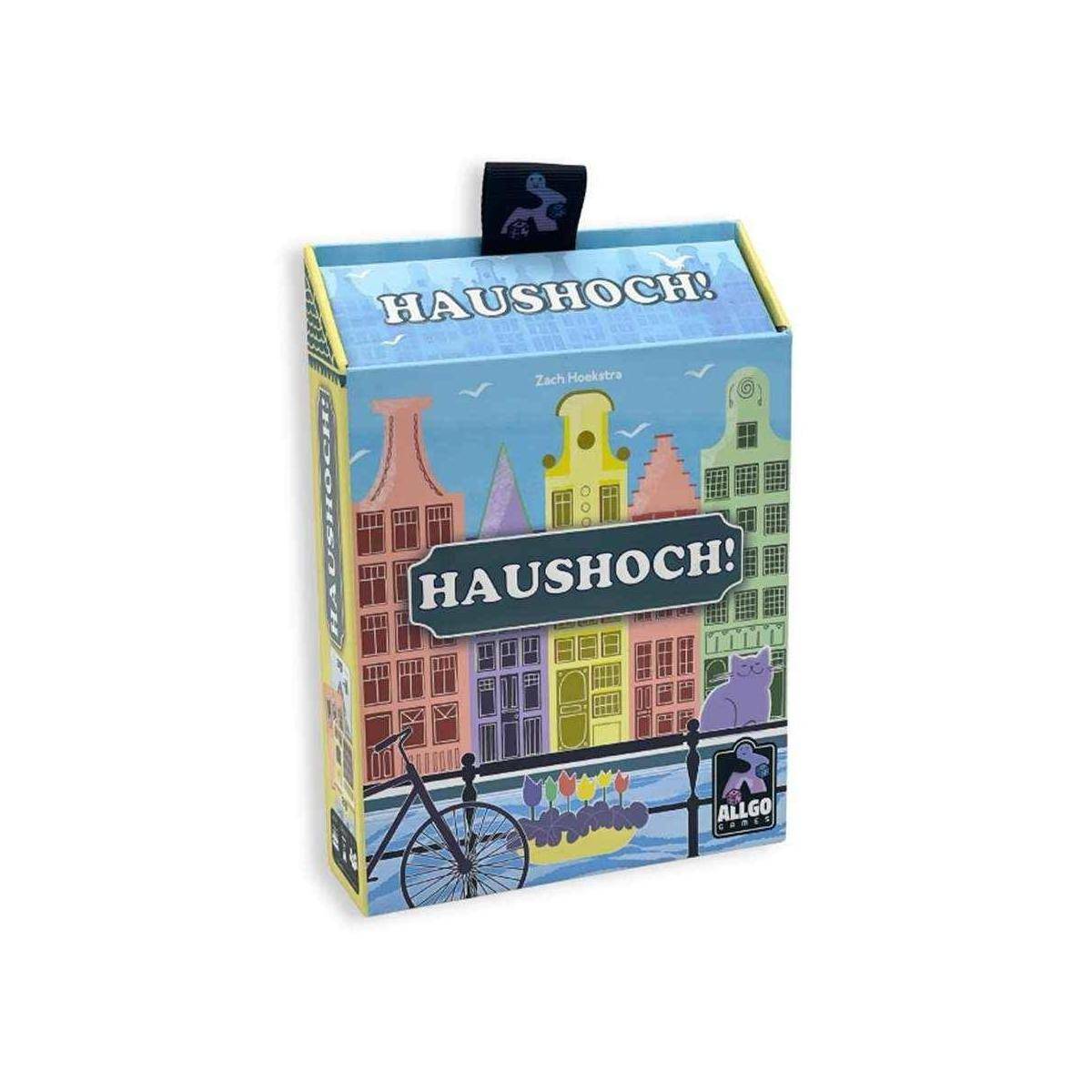 Farbenfrohe Brettspielschachtel mit dem Titel „HAUSHOCH!