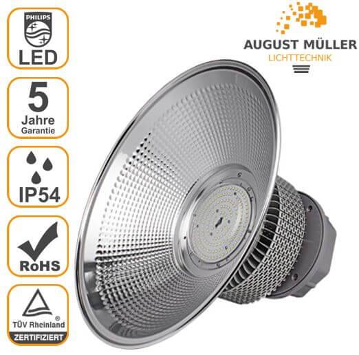 Produktbild einer Philips LED-Hallentiefstrahler mit Reflektor; Symbole zeigen 5-jährige Garantie, IP54, RoHS und TÜV Rheinland-Zertifizierung.