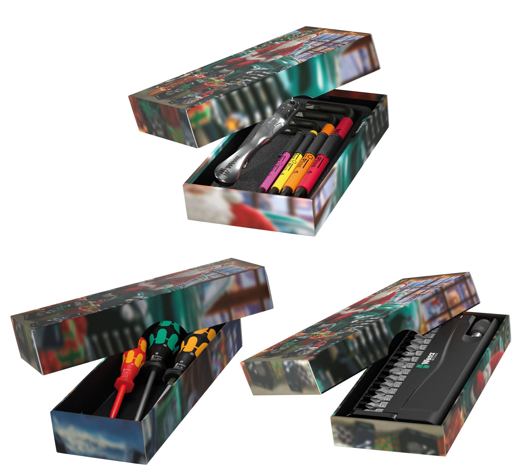 Offene Geschenkboxen mit assortiertem Werkzeug, einschließlich Schraubendreher, Markierungsstiften und einem kleinen tragbaren Gerät, auf weißem Hintergrund angezeigt.