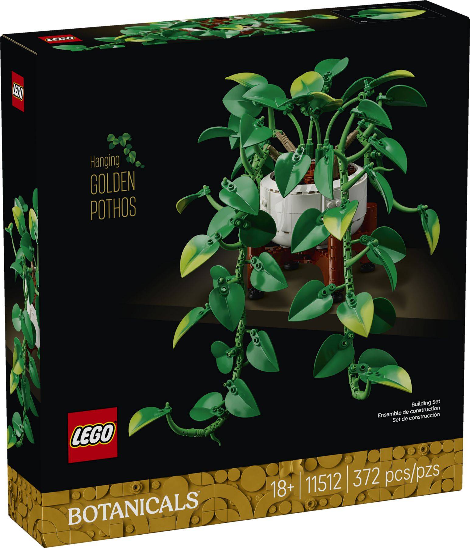 LEGO Botanicals 'Hängende Goldene Efeutute' Bauset-Schachtel mit einer ranken Grünpflanze in einem weißen Hängetopf, ab 18 Jahren, 372 Teile.