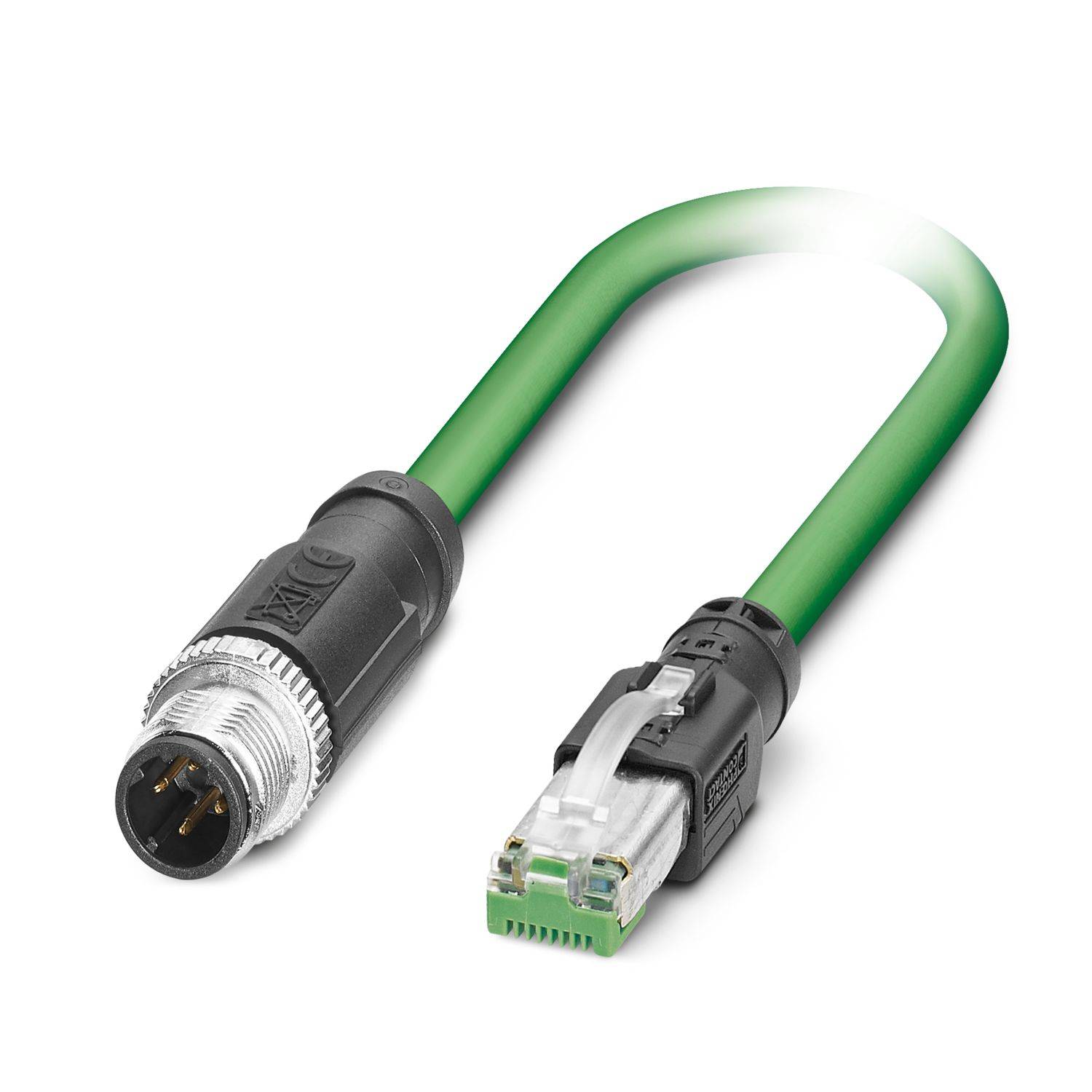 Grünes Kabeladapter mit einem runden Metallstecker auf einer Seite und einem Ethernet-RJ45-Stecker auf der anderen Seite.