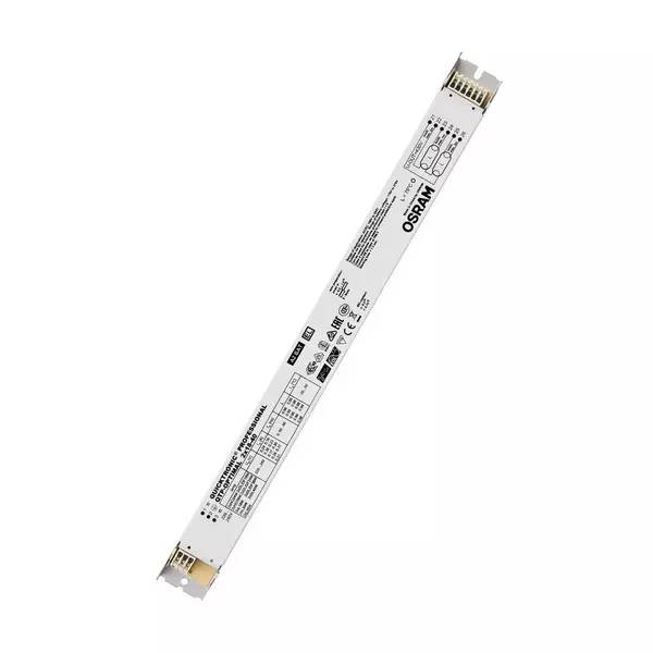Weiße OSRAM-Leuchtmittelvorschaltgerät oder Steuermodul, diagonal auf einfachem weißem Hintergrund dargestellt, mit aufgedruckten Etiketten und Steckverbindern.