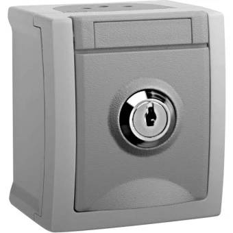 Graue Metallkassette oder kleiner Tresor mit frontalem Schlüsselverschluss und oberem Schlitz, vor weißem Hintergrund dargestellt.